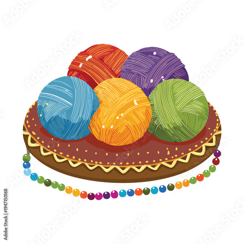 Colorful yarn balls on decorative plate vector illustration isolated