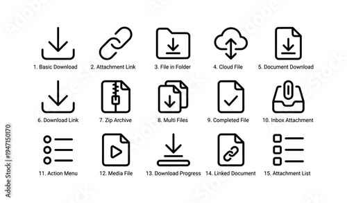 Set of 15 download and attachment icons with diverse file types