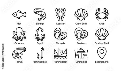Seafood and marine icons collection: fish, shellfish, boat, dining, location