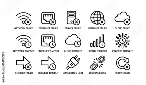Connectivity error icons: network, ethernet, server, internet, cloud failures