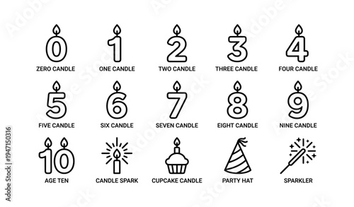 Numerical birthday candles and celebration icons line art set