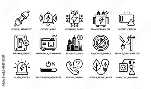 Power outage and electrical failure icons in black and white design