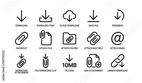 File download and attachment icons set with cloud and folder symbols