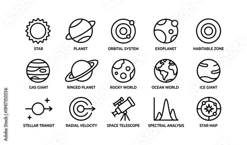 Celestial symbols for cosmic themes and astronomical concepts in science