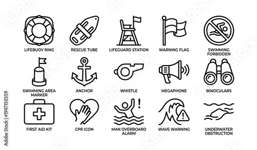 Beach safety icons: lifebuoy, rescue tube, warning flags, cpr, first aid, and more