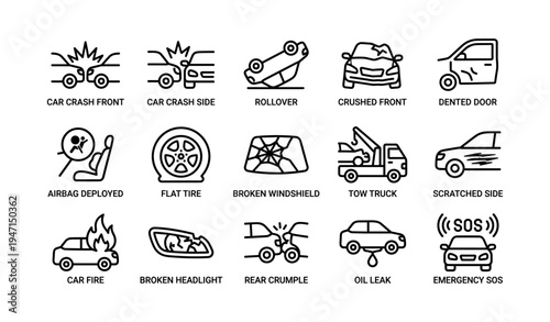 Car accident icons set: crashes, damages, emergency symbols in black and white