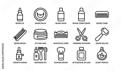 Beard care icons set: oil, balm, conditioner, comb, tools
