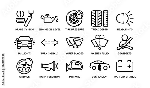 Car maintenance icons: brake system, oil level, tire, headlights, battery