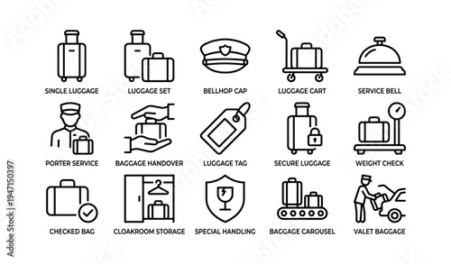 Luggage services and handling icons: baggage, cart, tag, weigh, bell