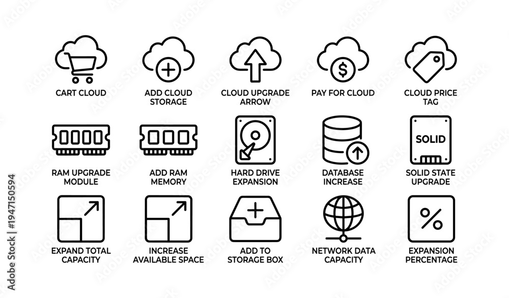 Obraz premium Cloud storage and hardware upgrade icons for data management and expansion solutions