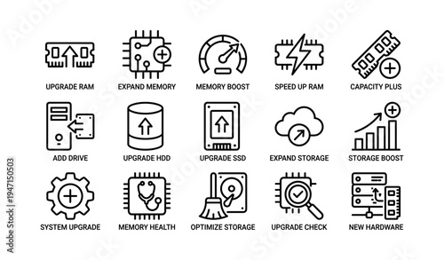 Computer hardware icons representing upgrades and storage improvements