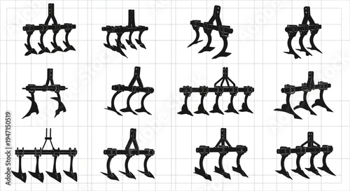 Variety of claw cultivator tools on a grid background for gardening and landscaping purposes