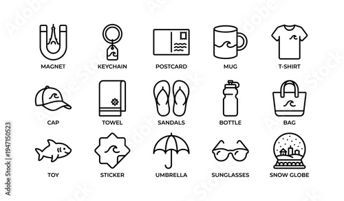 Icon set of vacation souvenirs including magnet, keychain, t-shirt, mug, and more