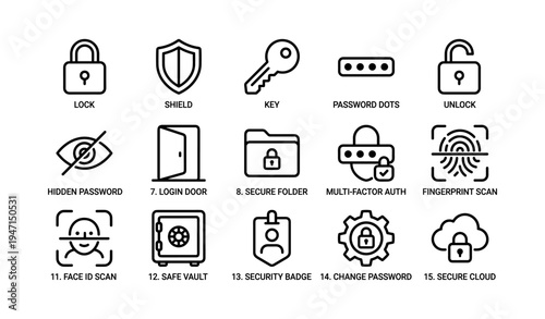 Security icons set: lock, shield, key, password dots, unlock, fingerprint scan, safe vault