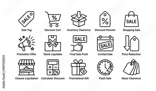 Icon set featuring discount, sale, and shopping cart symbols for promotion