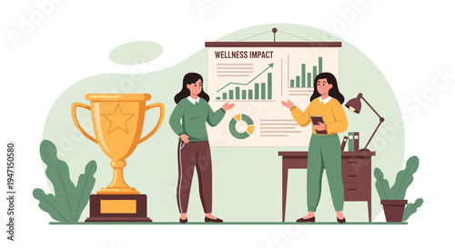 Two women celebrating business success with trophy and charts.