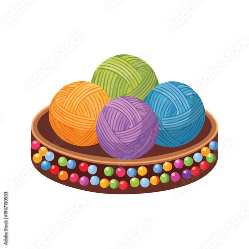 Colorful yarn balls displayed in a decorative bowl isolated on white
