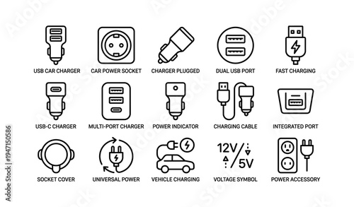Usb and power charging accessories icons for universal device connectivity
