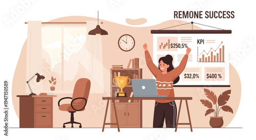 Woman celebrating remote work success with arms raised high.