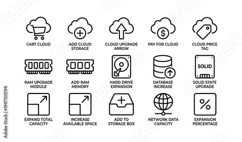 Cloud storage and hardware upgrade icons for data management and expansion solutions