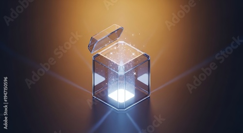 A transparent treasure box emitting a soft, glowing light from within its depths