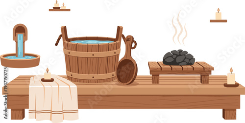 Traditional Wooden Sauna Interior with Hot Steam Stones Bucket Water Ladle Towels and Candles Relaxation Spa Wellness Cartoon Vector Illustration