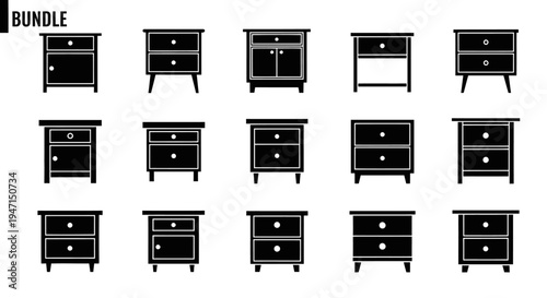 Collection of black nightstand and dresser furniture silhouettes in various styles and designs