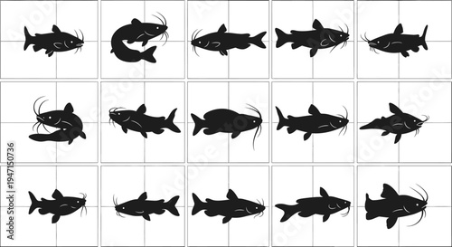 Collection of black catfish silhouettes in various poses on grid background