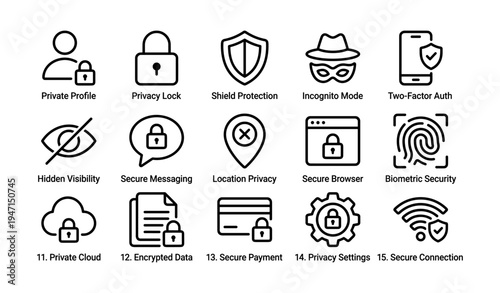 Privacy and security icons including lock, shield, incognito, cloud, and biometric elements