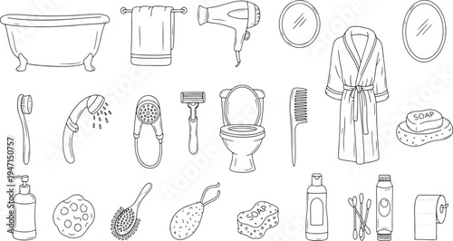 Large collection of bathroom accessories hygiene products and personal care items for daily routine in hand drawn vector illustration doodle art