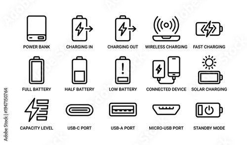 Battery charging icons set with symbols for power bank and usb ports