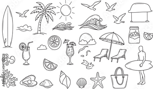 Beach vacation summer holiday tropical surf elements palm tree sun waves surfboard ocean seashell travel doodle art or icon set