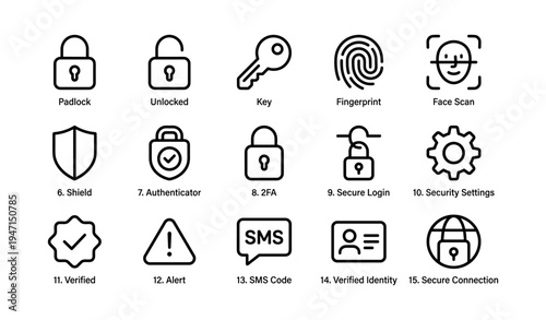 Security icons: padlock, key, fingerprint, face scan, shield, authenticator, verified