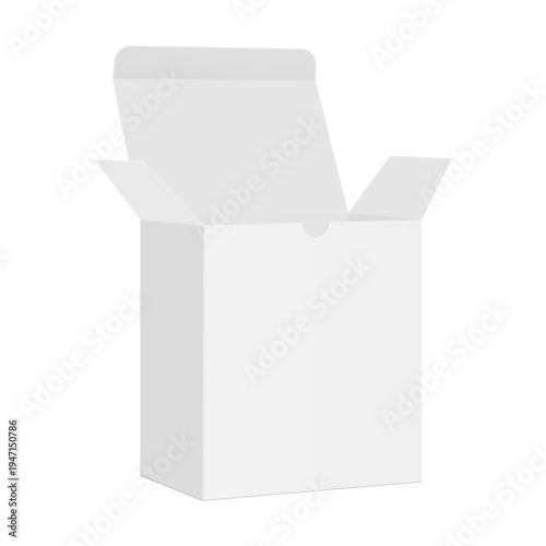 Open rectangular cardboard box, side perspective view isolated on white background. Minimal blank packaging mockup for product branding, medical or pharmaceutical design
