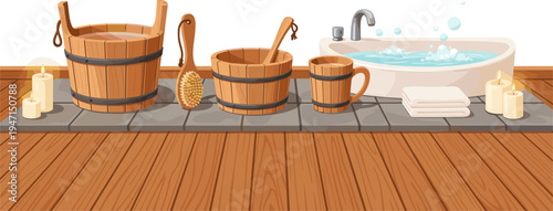 Wooden Sauna Bath Interior Scene with Water Tub, Buckets, Ladle, Brush, Towels and Candles for Spa Wellness Relaxation Cartoon Vector Illustration