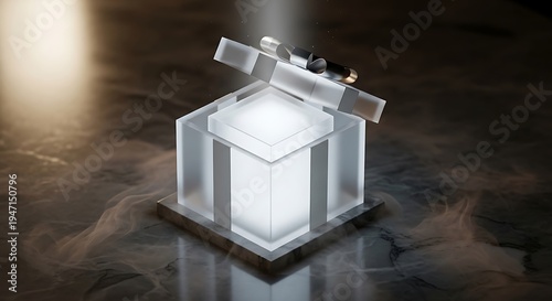 Mysterious glowing box with an open lid on a dark, reflective surface