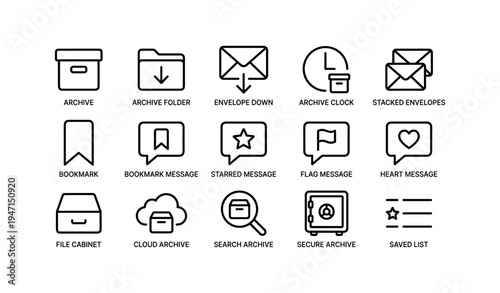 Digital archive and messaging icons set illustrating communication tools