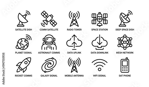Satellite communication icons: dish, satellite, tower, astronaut, network, rocket, galaxy