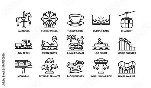 Amusement park rides icons carousel ferris wheel teacups bumper cars chairlift