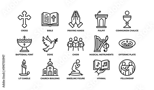 Church symbols featuring cross bible praying hands choir and church building
