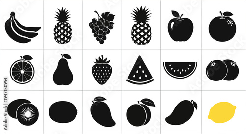 Assorted fruit icons in black silhouette on white background for design and illustration