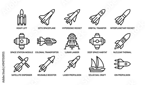 Spacecraft designs: rockets, spaceplanes, modules, and propulsion systems