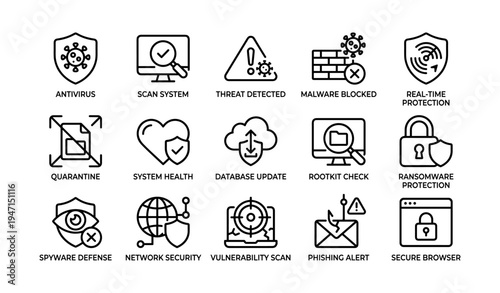 Cybersecurity icons collection featuring antivirus, threat detection, and network security symbols