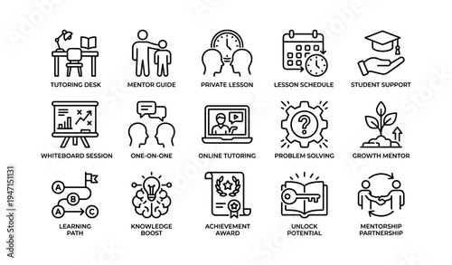 Educational support icons including tutoring, mentorship, and learning tools
