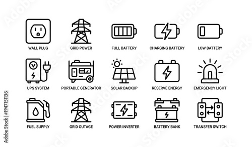 Energy icons: wall plug, grid, battery charging, solar backup, power inverter