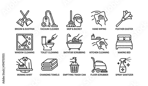 Household cleaning equipment and activities icons