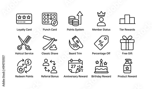 Loyalty program icons: points, rewards, grooming, discounts, gifts