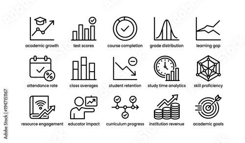 Educational analytics icons for academic growth and performance metrics