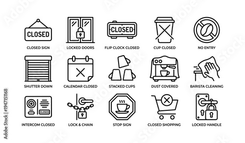 Icons of closed signs and security for shops and cafes