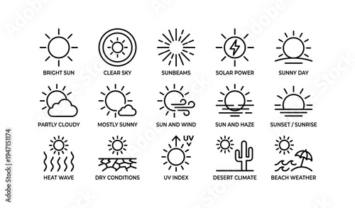 Weather icon set illustrating sun, clouds, and climate conditions